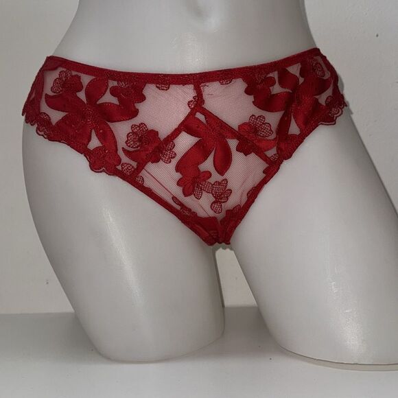 🔥Victoria's Secret Deep Red Floral Lace Bra Set Sz 34D // Large New - Picture 3 of 9